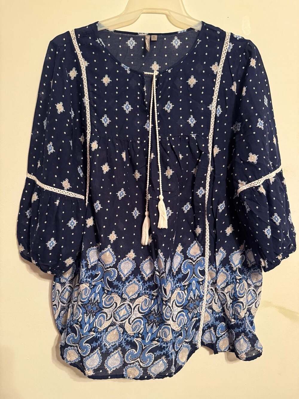 Women's Navy Blue Printed Peasant Top with Tassel Tie